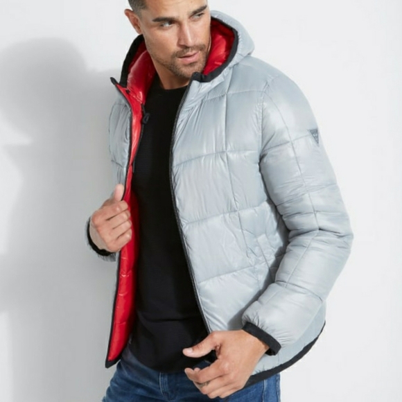 New GUESS Reversible Primal Red Multi Puffer Jacket SZ L - Picture 2 of 11